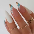 French blue flower press on nails with gold edges and crystals in almond shape - French Blue Rhinestone Floral Style (JP2002)