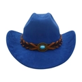 Chapeau de cowboy bleu royal classique avec ruban tressé marron et pierre turquoise - Taille unique / Bleu Royal (Corde Croisée)