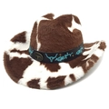 Chapeau de cowboy style western motif vache marron et blanc avec bandeau en cuir brodé - M (56-58cm) / Couronne Droite Café