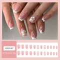French tip press-on nails in nude pink and white with floral designs, 24 pieces set - Jelly Glue Type / DZ655-B7 5-Petal Flower with Rhinestone