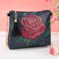 Dark blue chain crossbody bag featuring red rhinestone rose and leather tassel - Red Rose (Dark Blue) (AA110)