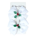 Pair of white grosgrain Christmas hair bows with holly leaf and berry embellishments - White