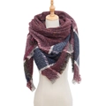 Thick burgundy blue plaid square scarf with brushed texture and fringe details - 135x135x200cm / SJ-23# Wine Red