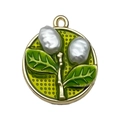 French vintage enamel flower pendant with green leaves and white pearls in gold finish - Green Pearl Leaf-22069