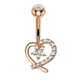 Rose gold heart-shaped belly button ring with zircon floral inlay and curved barbell - Style 15