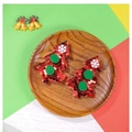 Sparkly red sequin Christmas tree hair clips with green pom-poms on a rustic wooden tray - 1 Pair Red Christmas Tree