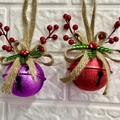 Christmas hanging bells in purple and red with star cutouts and rustic bow decoration - Rose Purple Bell