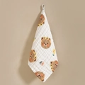Hanging cotton baby towel with cute brown bear prints and quilted waffle texture - Pear Bear