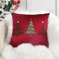 Red velvet Christmas pillow case with golden embroidered reindeer and tree patterns - Red Three Christmas Trees/Red
