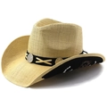 Chapeau de cowboy en paille style western avec bord brodé et bandeau noir argenté - M(56-58cm) / Beige