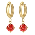 Elegant gold stainless steel hoop earrings with round red zircon drop in four-prong setting - Red Zirconia