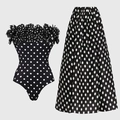 Polka dot vintage swimwear set with petal ruffles and matching high-waisted skirt - S / Black and White Polka Dot Set