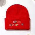 Red knit beanie for winter featuring colorful embroidery and ribbed texture on white background - One Size / Red