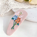 Pink embroidered floral snap hair clip with blue and orange flowers for women - Pink