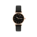 Women's quartz watch with rose gold case, textured black dial and flexible stretch band - Black