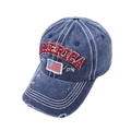 Close-up of retro navy blue washed denim baseball cap with America flag embroidery - Navy Blue