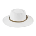 Detail view of white wool fedora with 9cm wide brim and brown leather buckle strap - One Size(58cm) / White
