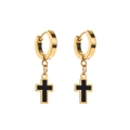 Gothic style gold stainless steel hoop earrings with black enamel cross charms - Cross