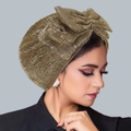 Champagne gold metallic turban hat with a large bow detail for women in a side view - Dark Gold