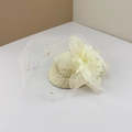 Elegant cream fascinator hat with delicate mesh veil, floral accents and soft feathers - Milky White (Hair Clip Fixed)