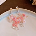 Elegant pink mesh flower tassel earrings with clear crystal accents for summer vacation - Romantic Girl Mesh Style (63#)