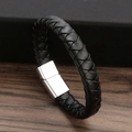 Bracciale artigianale in pelle intrecciata nera con fibbia magnetica argento su legno - Lunghezza 21cm / Nero