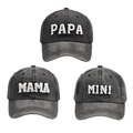 Set di 3 cappellini da baseball per famiglia in nero lavato con toppe PAPA MAMA MINI - Nero MAMA+PAPA+MINI