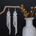 Detail of silver bohemian long tassel earrings hanging on a natural wooden branch - Hollow Ball Tassel Style E6102-3