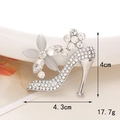 Detailed macro view of rhinestone stiletto brooch showing dimensions 4cm x 4.3cm and 17.7g weight - Hollow White K High Heel