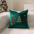 Dark green velvet Christmas pillow cover with embroidered tree patterns and star details - Green Three Christmas Trees/Green