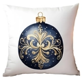 White square Christmas pillowcase with vintage watercolor blue ornament and gold details - Christmas Ball CRD10-9