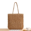 Handwoven square straw tote bag in natural light brown with long shoulder straps - Tan