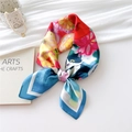 Artistic square silk scarf with floral and cat patterns in vibrant multicolor finish - Blue Table Cat / 70x70cm
