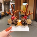 Christmas reindeer antler hair clip with brown flocking, pine cones and red berry details - 19# Gold Ball Pine Cone Brown Antler Pair Clips