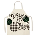 Beige cotton linen Christmas apron featuring Merry & Bright lettering and plaid patterns - Style 5/Merry & Bright