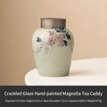 Miniature ceramic tea canister featuring pink magnolia art and a grey metal airtight lid - Ice Crackle Hand Painted Magnolia - Jar