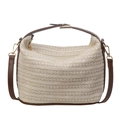 Bolso cubo de paja crema con asas de cuero marrón y detalles dorados - Blanco y Marrón
