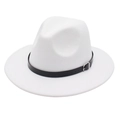 Detail of white wool fedora hat featuring a black leather band with a silver buckle - M (56-58cm) / White (Black Leather Band)