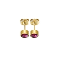 Close-up of gold stainless steel stud earrings featuring purple red crystal birthstones - Gold - February Birthstone