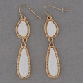 Detailed view of long teardrop gold earrings with white pear-shaped inlays and beaded edges - Gold Frame White (EA088-1金)