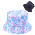 Detail of a reversible bucket hat featuring pink heart prints and a blue texture design - Style 7—Pink Heart Artistic Brush