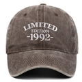 Close-up of 1992 Limited Edition embroidery on vintage washed cotton baseball cap - Coffee