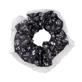 12cm floral hair scrunchie in black fabric with white lace trim on white background - Lace Trim Floral / Black Floral
