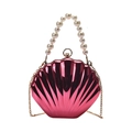 Metallic rose red shell-shaped evening bag with pearl handle and golden chain strap - Rose Red