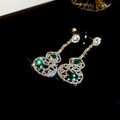 Macro view of emerald green gourd earrings with sparkling rhinestones and silver finish - 17# Silver Earring Post-Silver Emerald Green Hollow Long