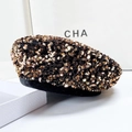 Berretto nero scintillante con paillettes dorate e ampio bordo nero per donna - Giallo