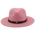 Pink straw fedora hat with brown leather band and silver bull head metal emblem - M (56-58cm) / Pink