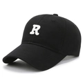 Schwarze Baumwoll-Baseballkappe mit weißem R-Stick und gebogenem Schirm-Design - Verstellbar / Schwarz