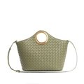 Deep green woven leather handbag with a gold metal ring handle and shoulder strap - Travertine Green