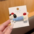 Detail of cute dachshund hair clip in white sweater and red beret on a card - Blue and White Stripes (Blue Red Stripe Sweater)